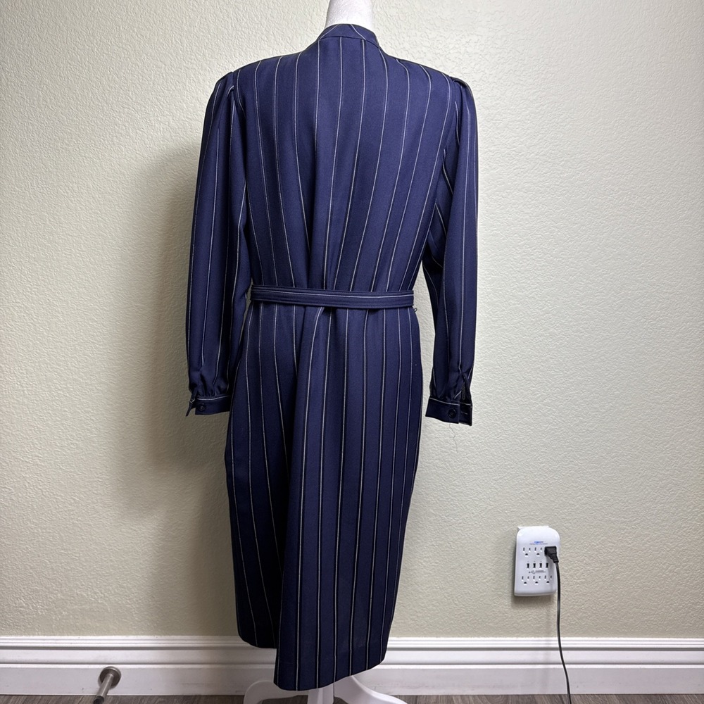 Vintage Schrader Sport Petite Dress 10 Pinstripe Midi Belted 80s Academic - Picture 3 of 6